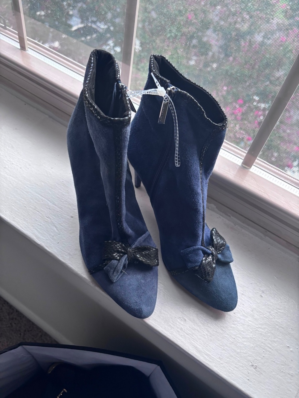 Michael Kors Navy Suede Ankle Booties with Bow Accent